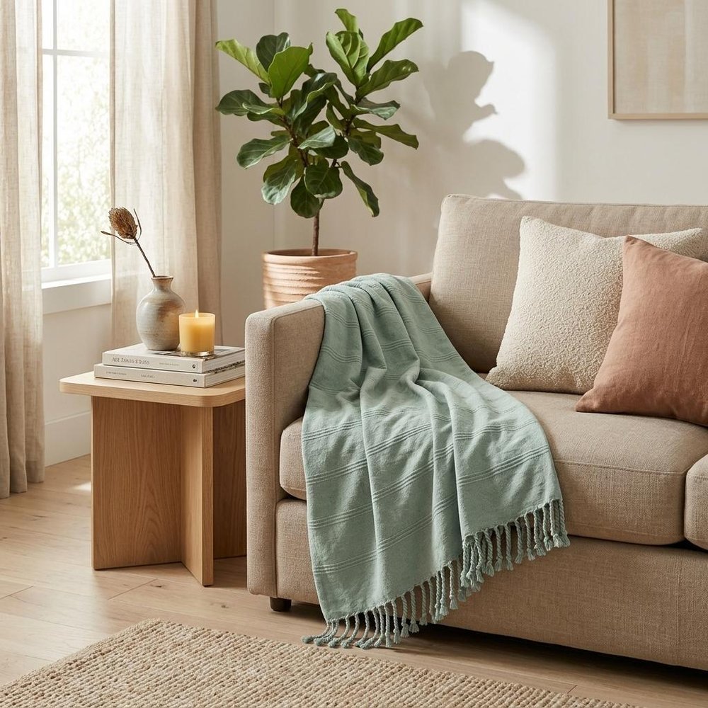 Beige Woven Cotton Striped Throw Blanket