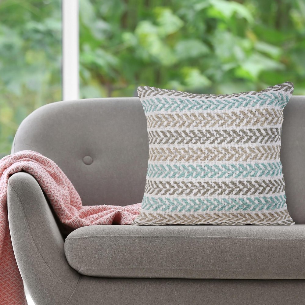 18" Green And White Chevron Cotton Throw Pillow