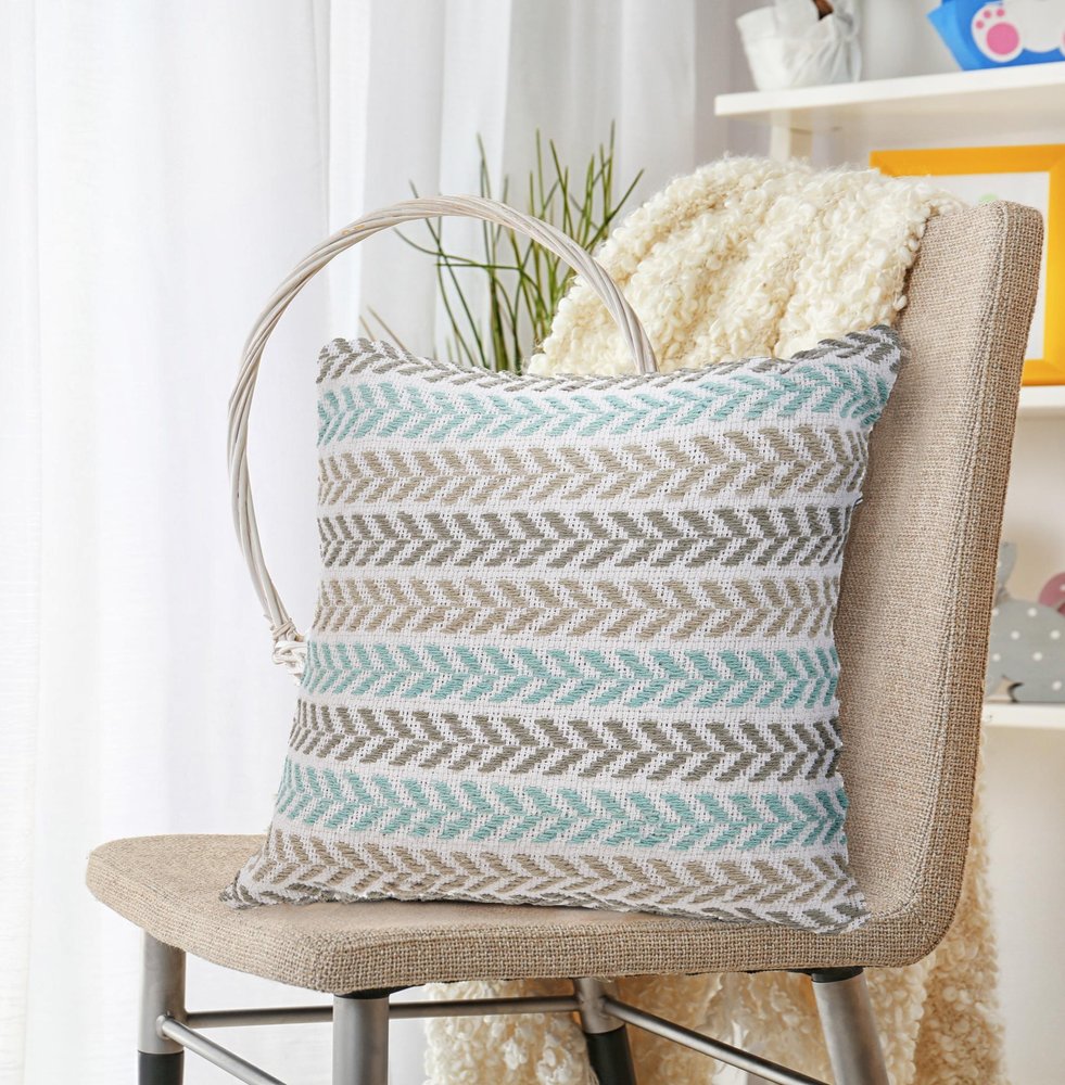 18" Green And White Chevron Cotton Throw Pillow