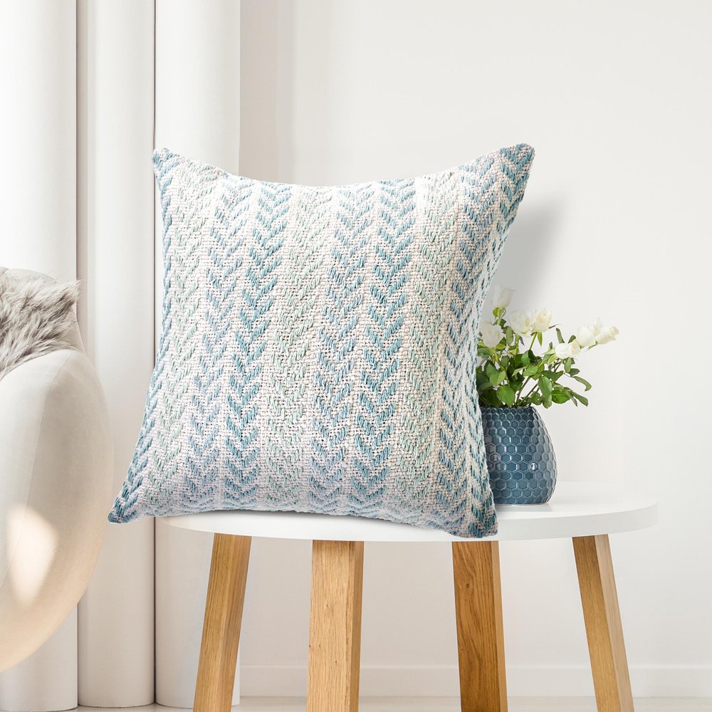 18" Light Blue And White Chevron Cotton Throw Pillow