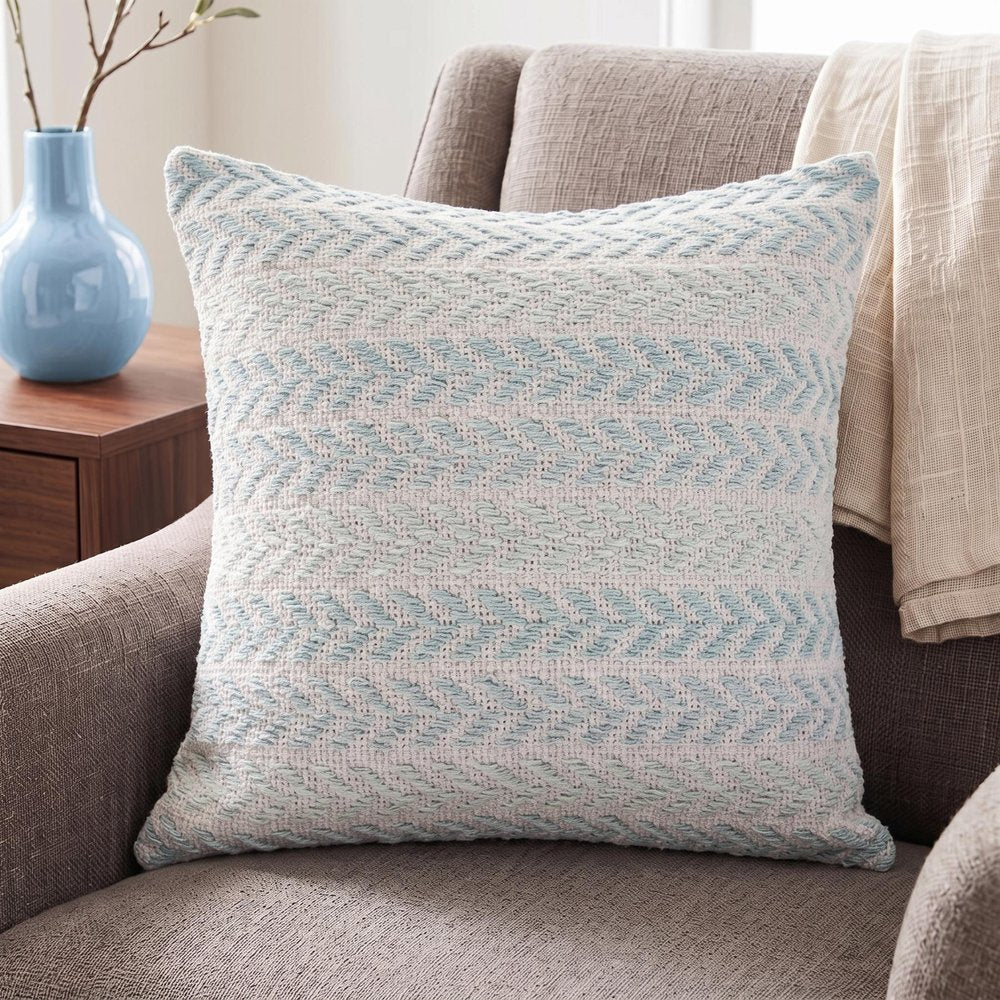18" Light Blue And White Chevron Cotton Throw Pillow