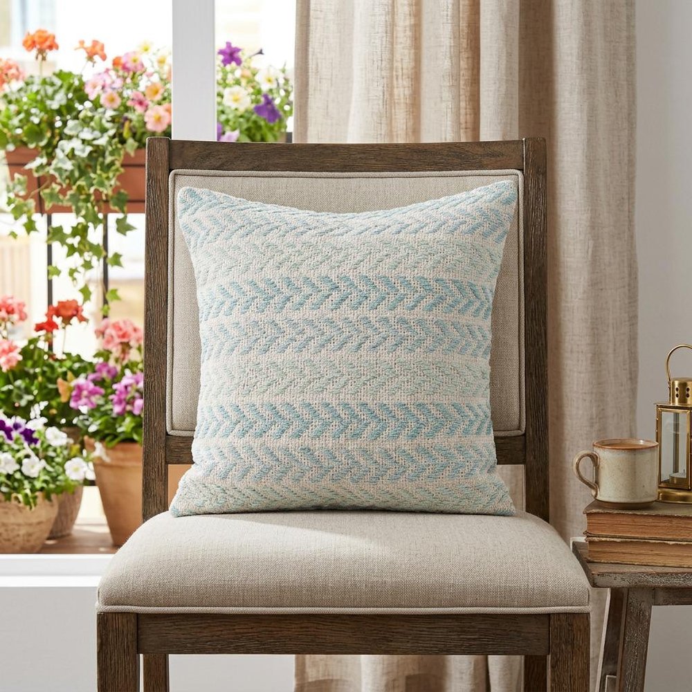 18" Light Blue And White Chevron Cotton Throw Pillow