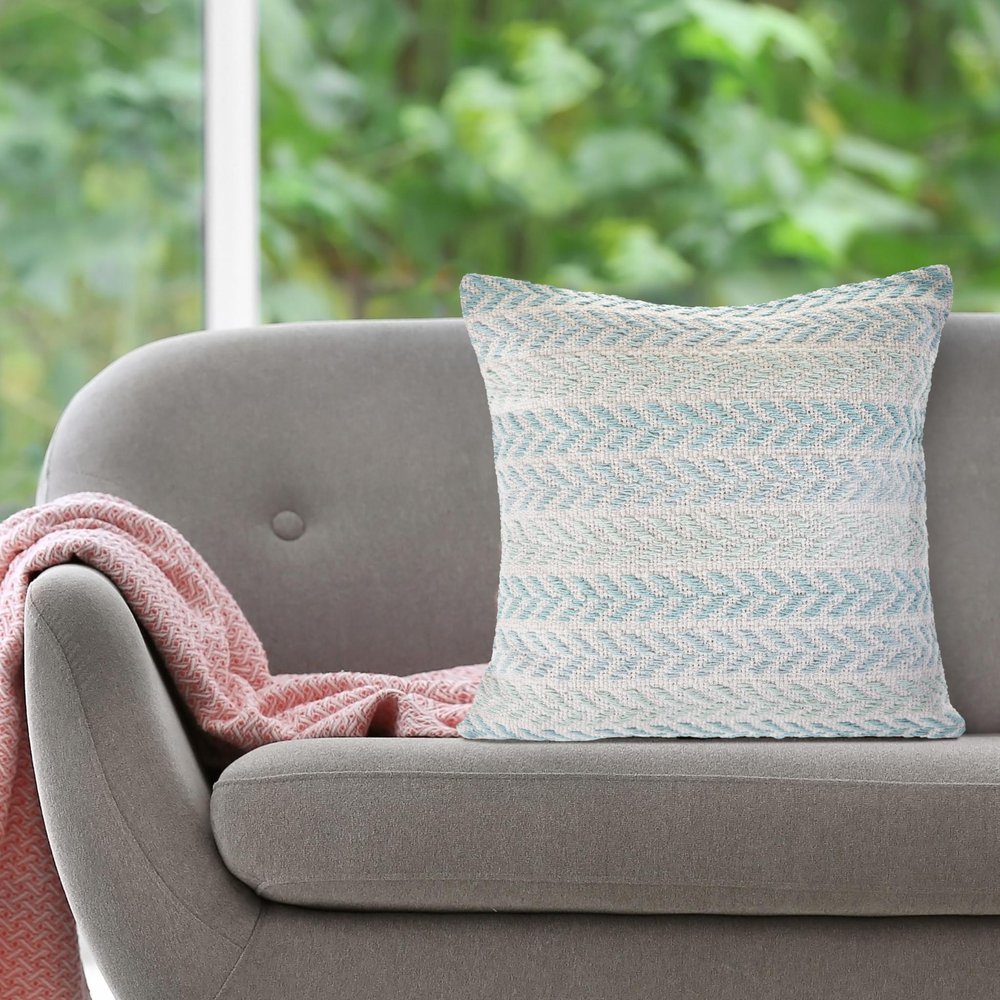 18" Light Blue And White Chevron Cotton Throw Pillow