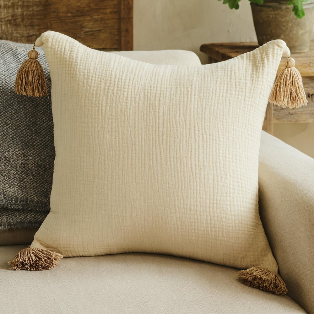 20" X 20" Light Beige And Dark Beige 100% Cotton Zippered Pillow