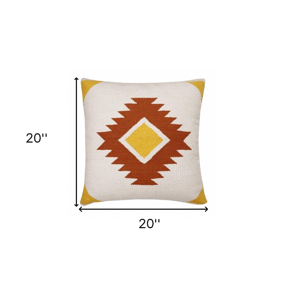 20" White Yellow And Red Striped Cotton Throw Pillow