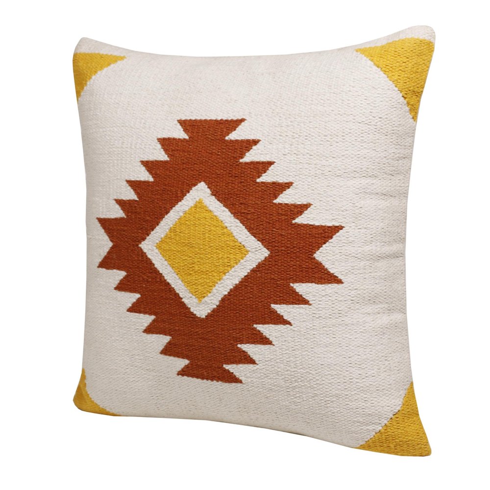 20" White Yellow And Red Striped Cotton Throw Pillow