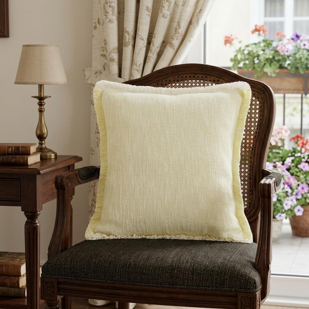 20" X 20" Light Yellow And White 100% Cotton Geometric Zippered Pillow