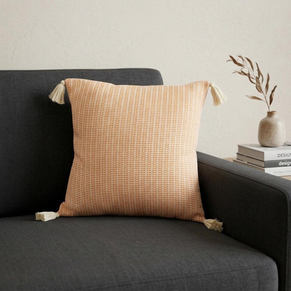 18" X 18" Orange And Ivory 100% Cotton Striped Zippered Pillow