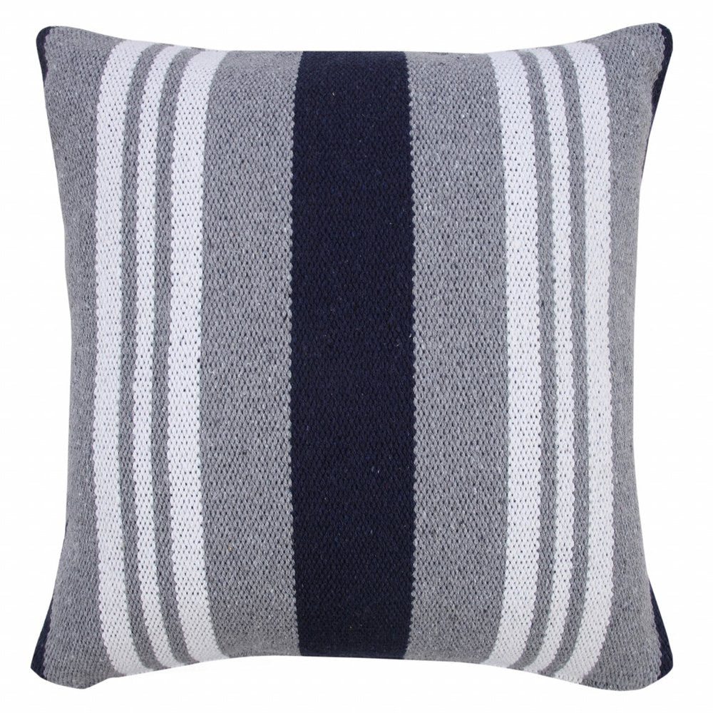 20" Navy Blue Gray And White Cotton Coastal Throw Pillow