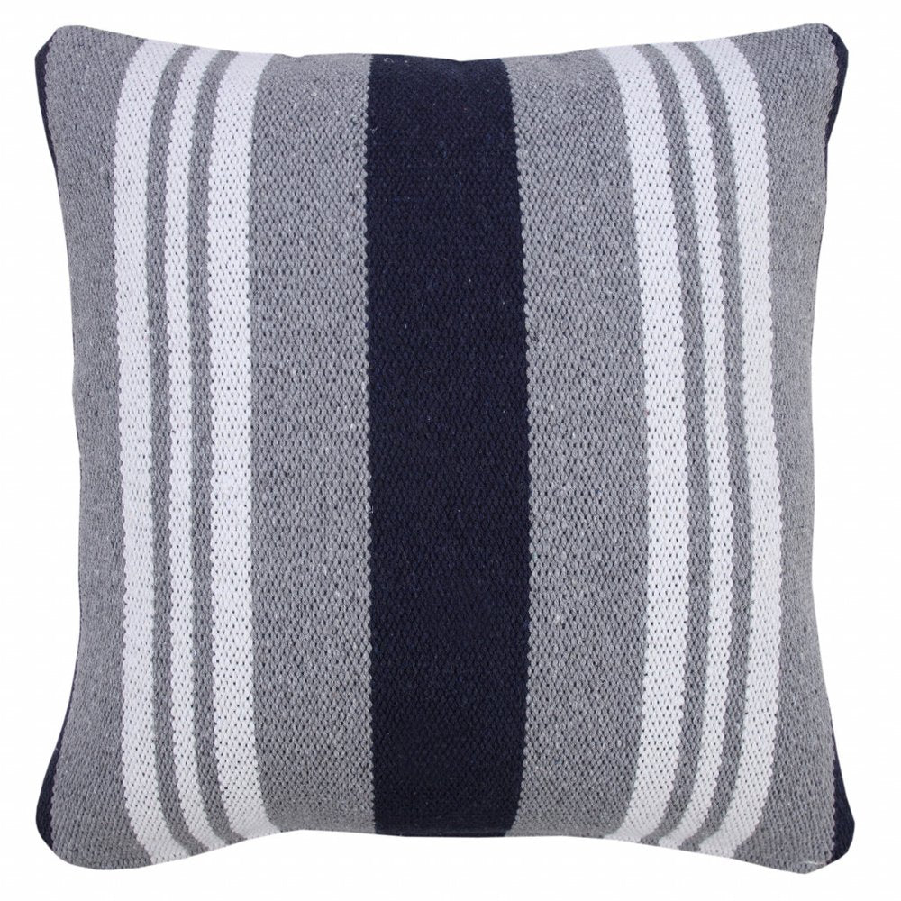 20" Navy Blue Gray And White Cotton Coastal Throw Pillow