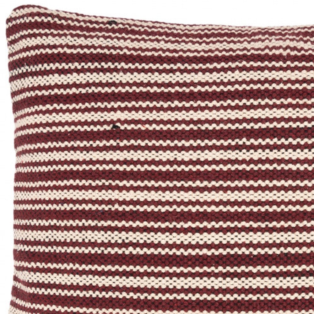 20" Maroon And Tan Cotton Striped Throw Pillow with Fringe