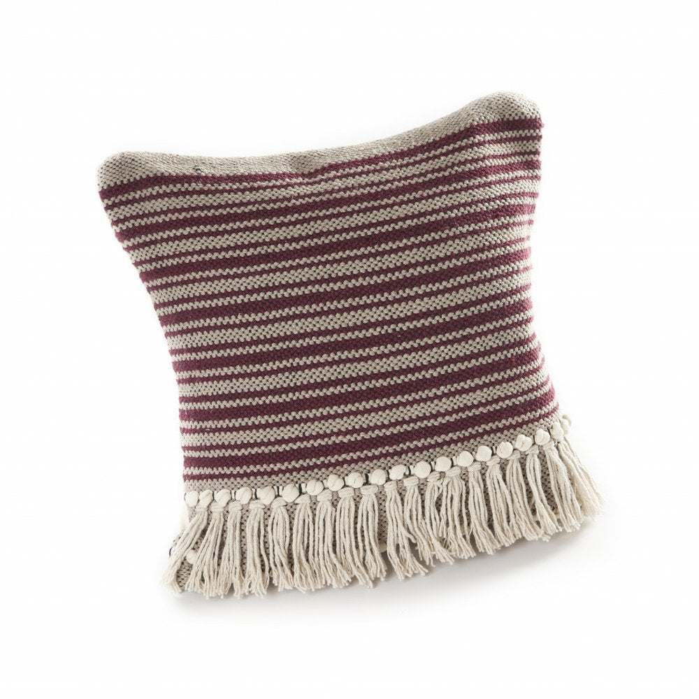 20" Maroon And Tan Cotton Striped Throw Pillow with Fringe