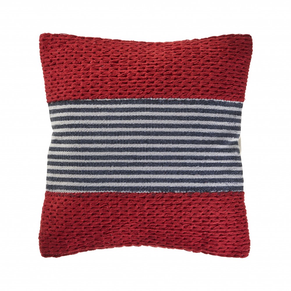 20" Blue And Red Cotton Striped Throw Pillow