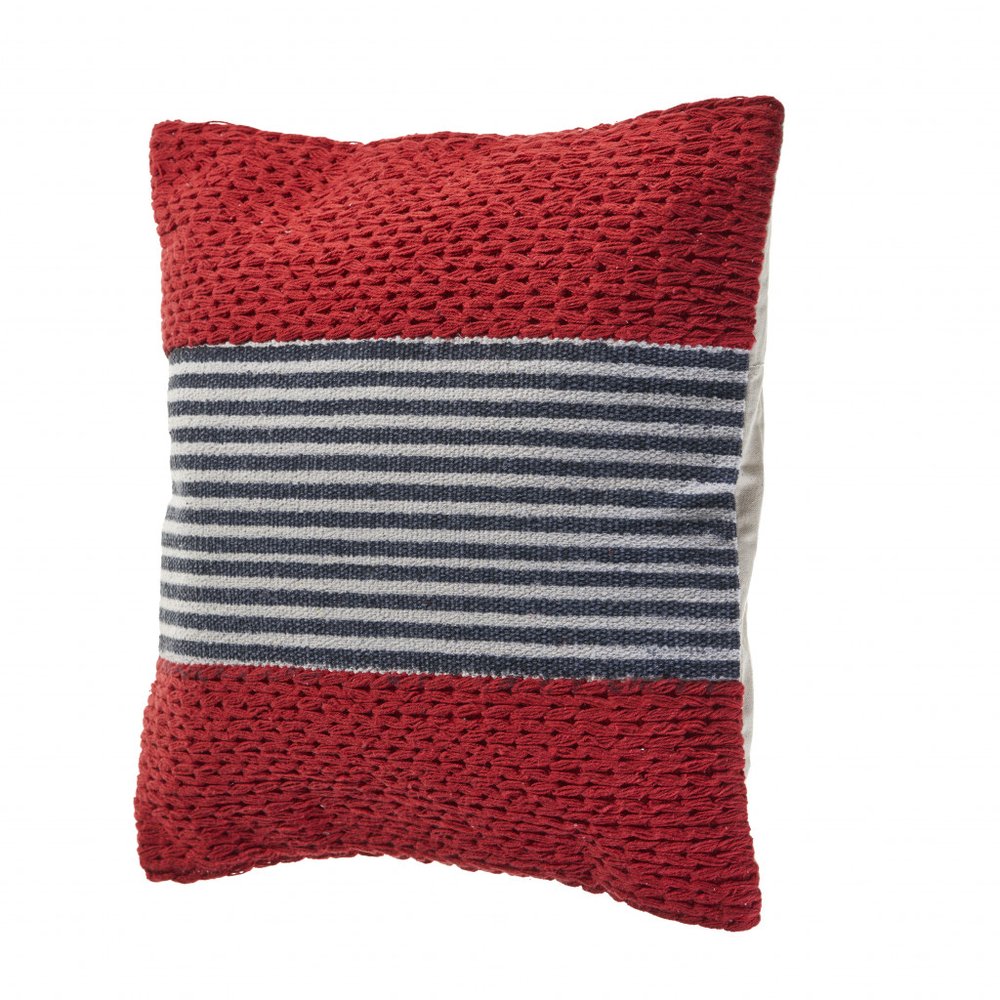 20" Blue And Red Cotton Striped Throw Pillow