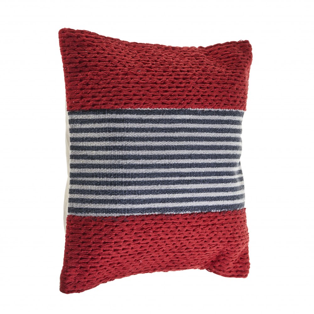 20" Blue And Red Cotton Striped Throw Pillow