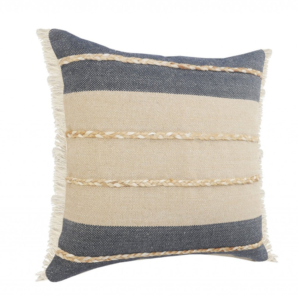 24" Denim Blue And Taupe Jute Coastal Throw Pillow with Fringe