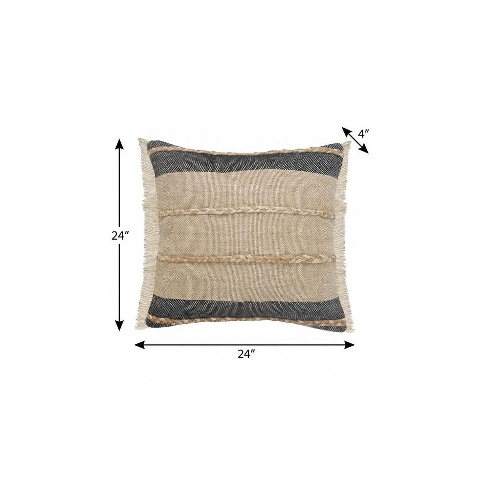 24" Black And Tan Striped Cotton And Jute Throw Pillow with Fringe