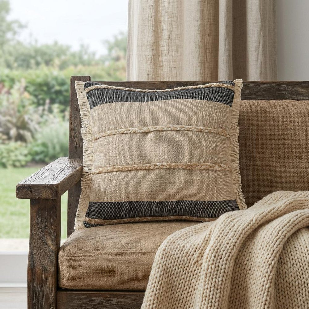 20" X 20" Beige And Ivory Jute Striped Zippered Pillow With Fringe