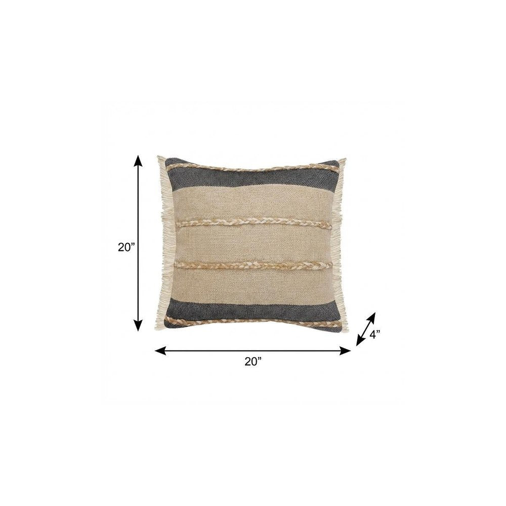 20" X 20" Beige And Ivory Jute Striped Zippered Pillow With Fringe
