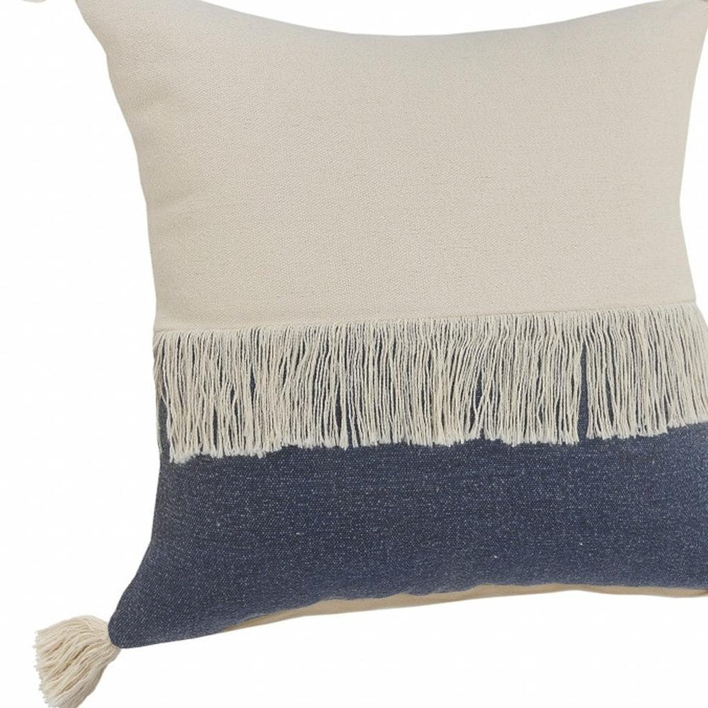20" X 20" Denim Blue And Off-White 100% Cotton Zippered Pillow