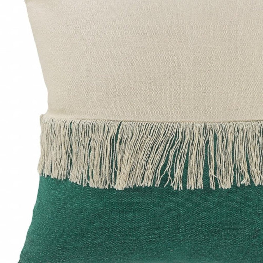 20" Emerald And White Cotton Color Block Throw Pillow with Fringe And Tassels
