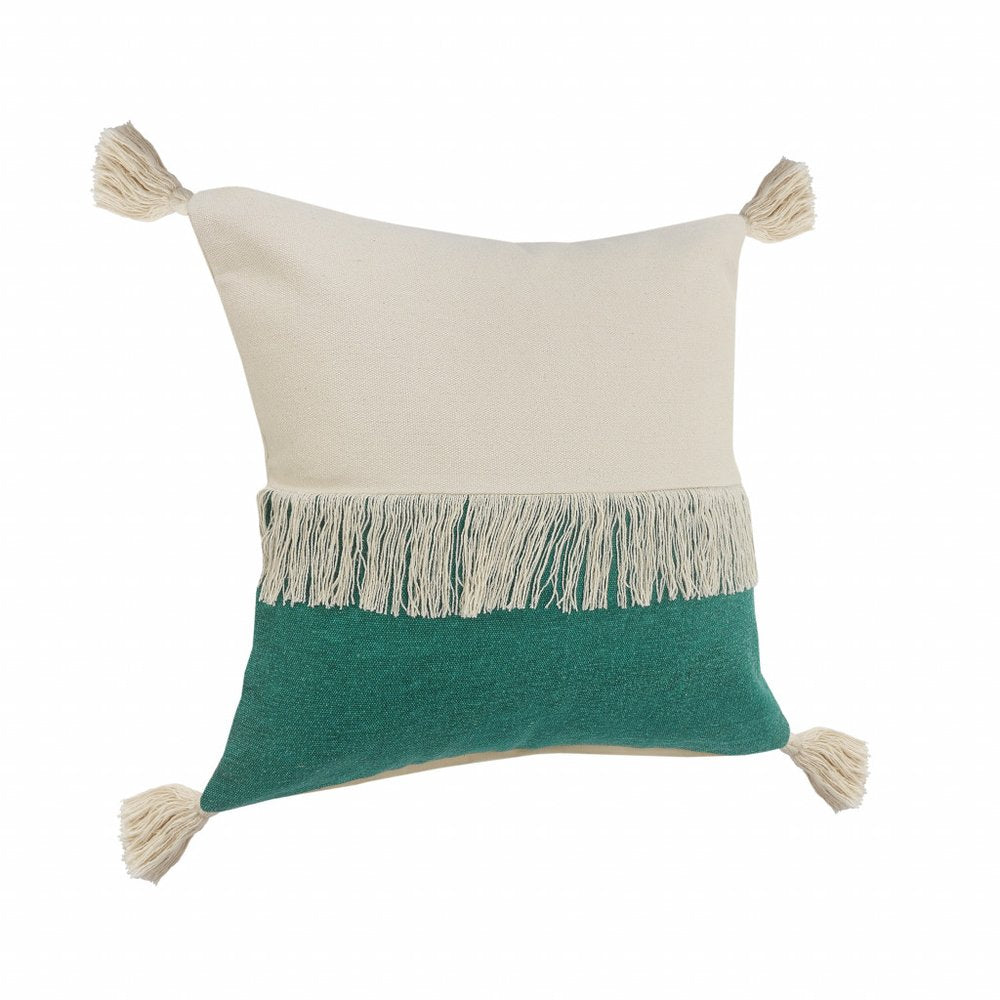 20" Emerald And White Cotton Color Block Throw Pillow with Fringe And Tassels
