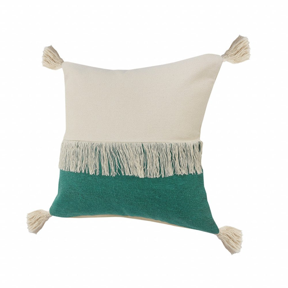 20" Emerald And White Cotton Color Block Throw Pillow with Fringe And Tassels