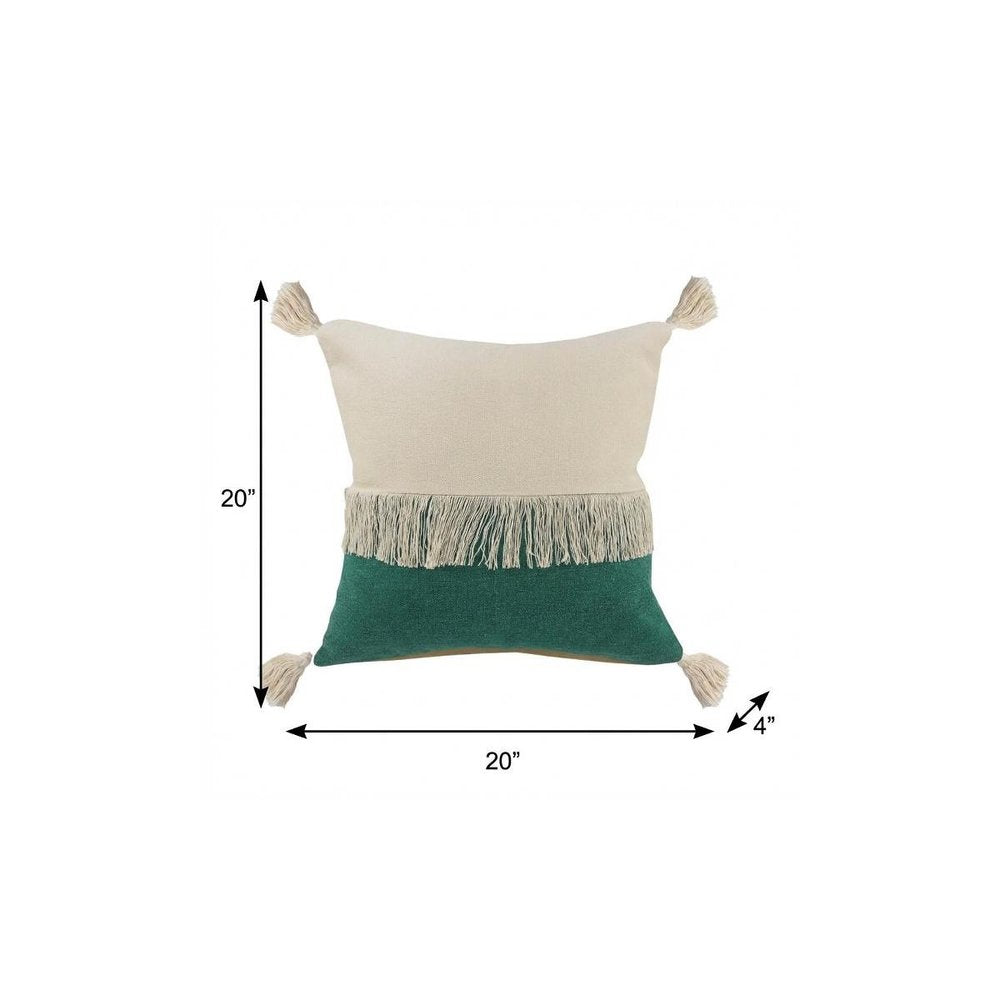20" Emerald And White Cotton Color Block Throw Pillow with Fringe And Tassels
