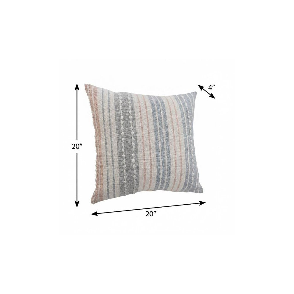 20" X 20" White Blue Gray And Tan 100% Cotton Striped Zippered Pillow