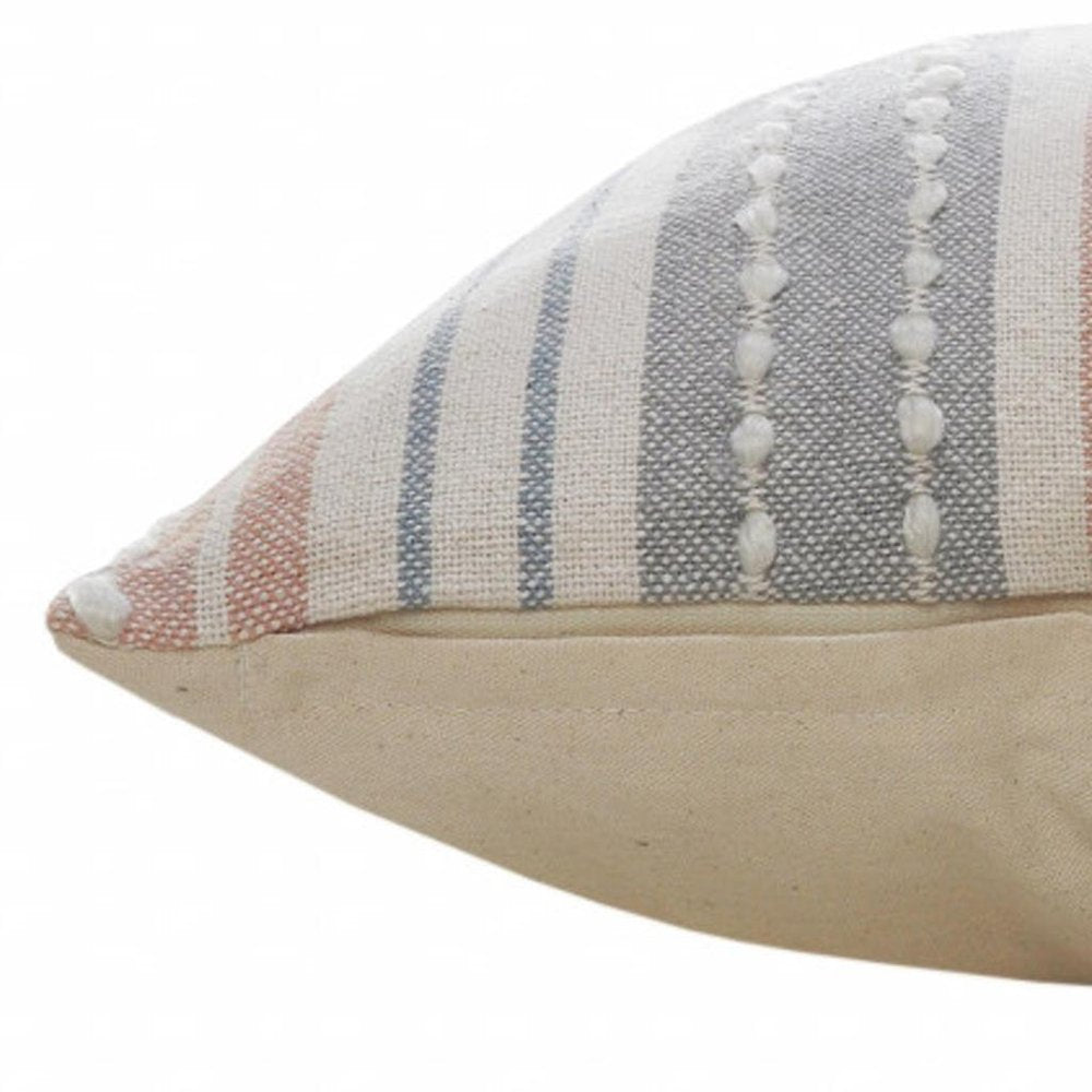 20" X 20" White Blue Gray And Tan 100% Cotton Striped Zippered Pillow