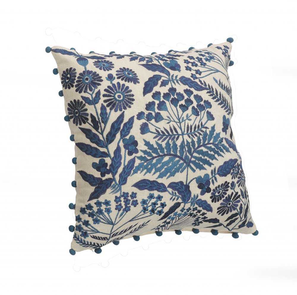 20" Navy Blue And Off White Cotton Floral Throw Pillow