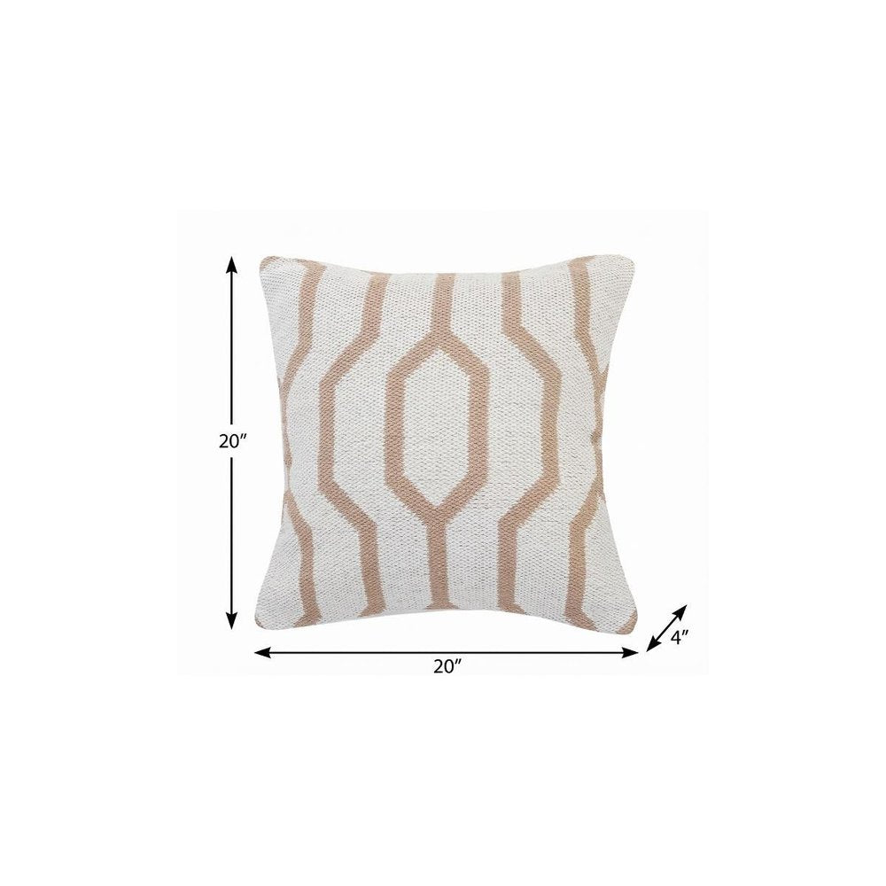 20" X 20" White And Tan 100% Cotton Geometric Zippered Pillow