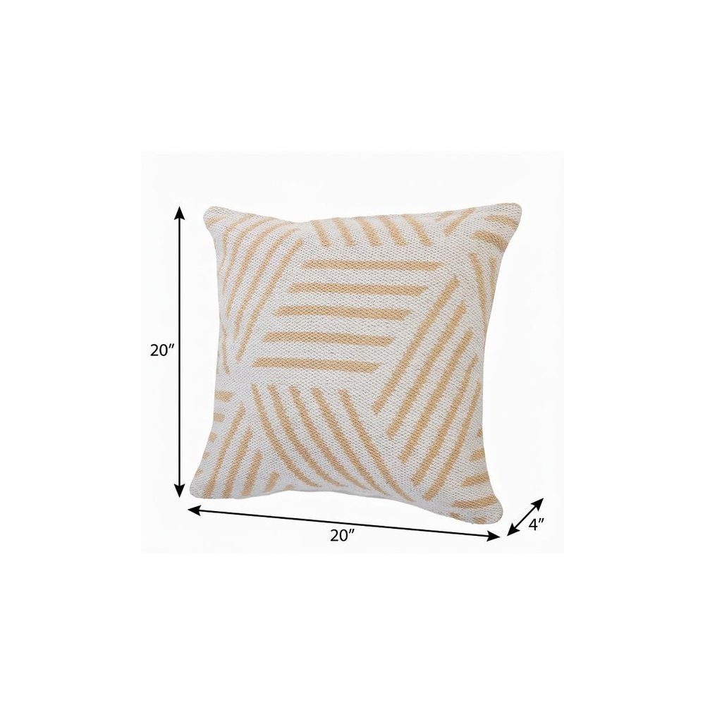 20" X 20" Tan And White 100% Cotton Geometric Zippered Pillow