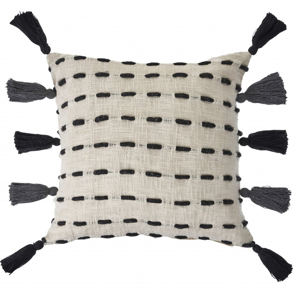 20" Black And Cream Cotton Geometric Throw Pillow with Tassels