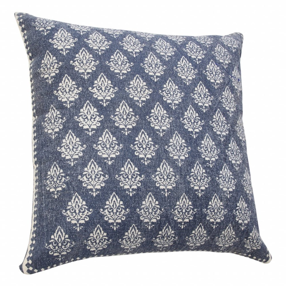 20" Indigo And White Cotton Motif Throw Pillow