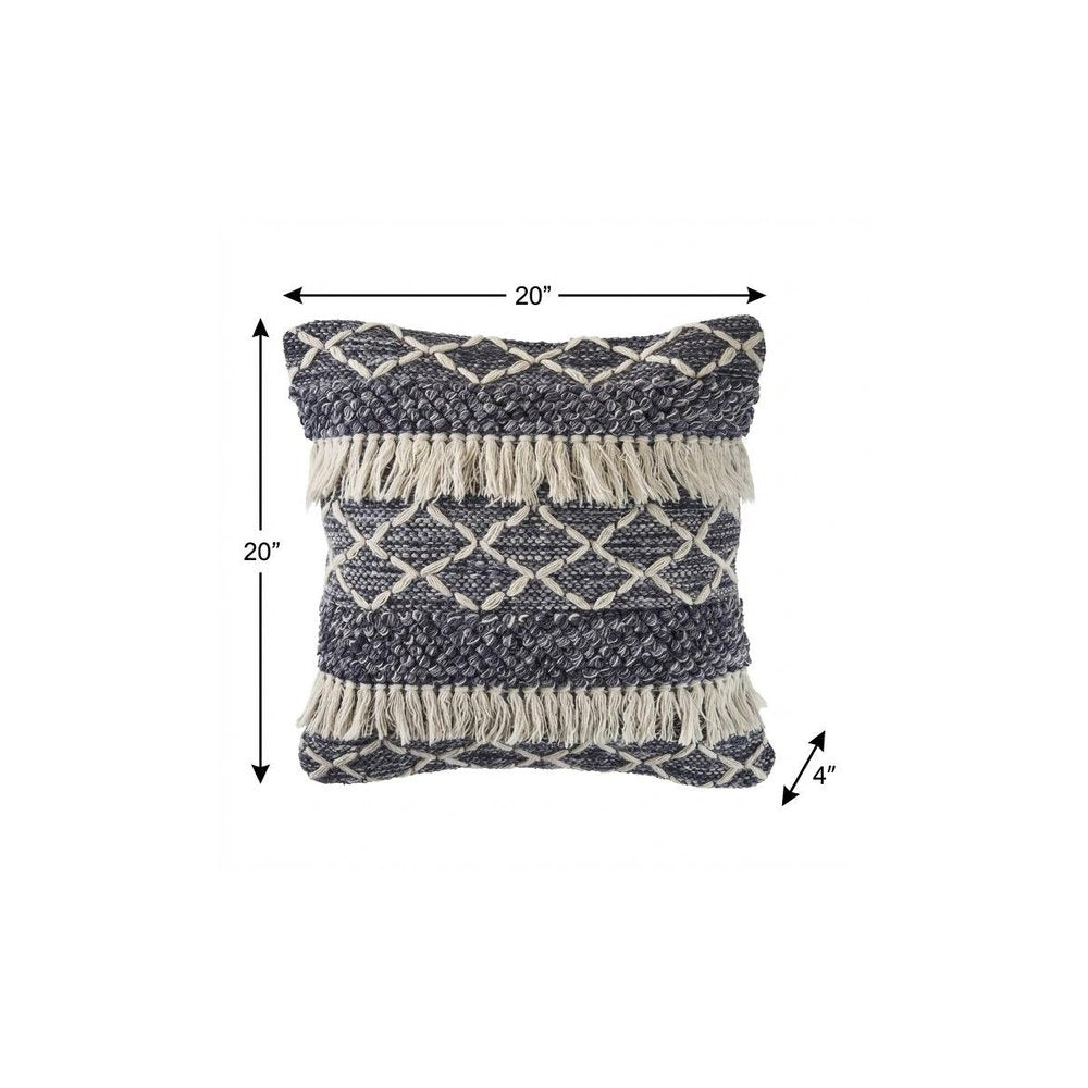 20" X 20" Navy And Ivory 100% Wool Geometric Zippered Pillow