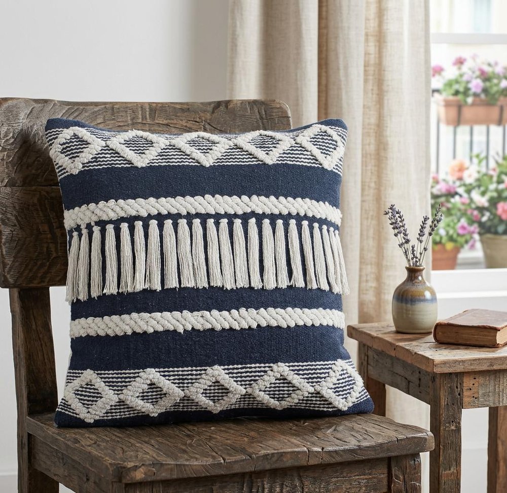 20" X 20" Blue And Ivory 100% Cotton Geometric Zippered Pillow