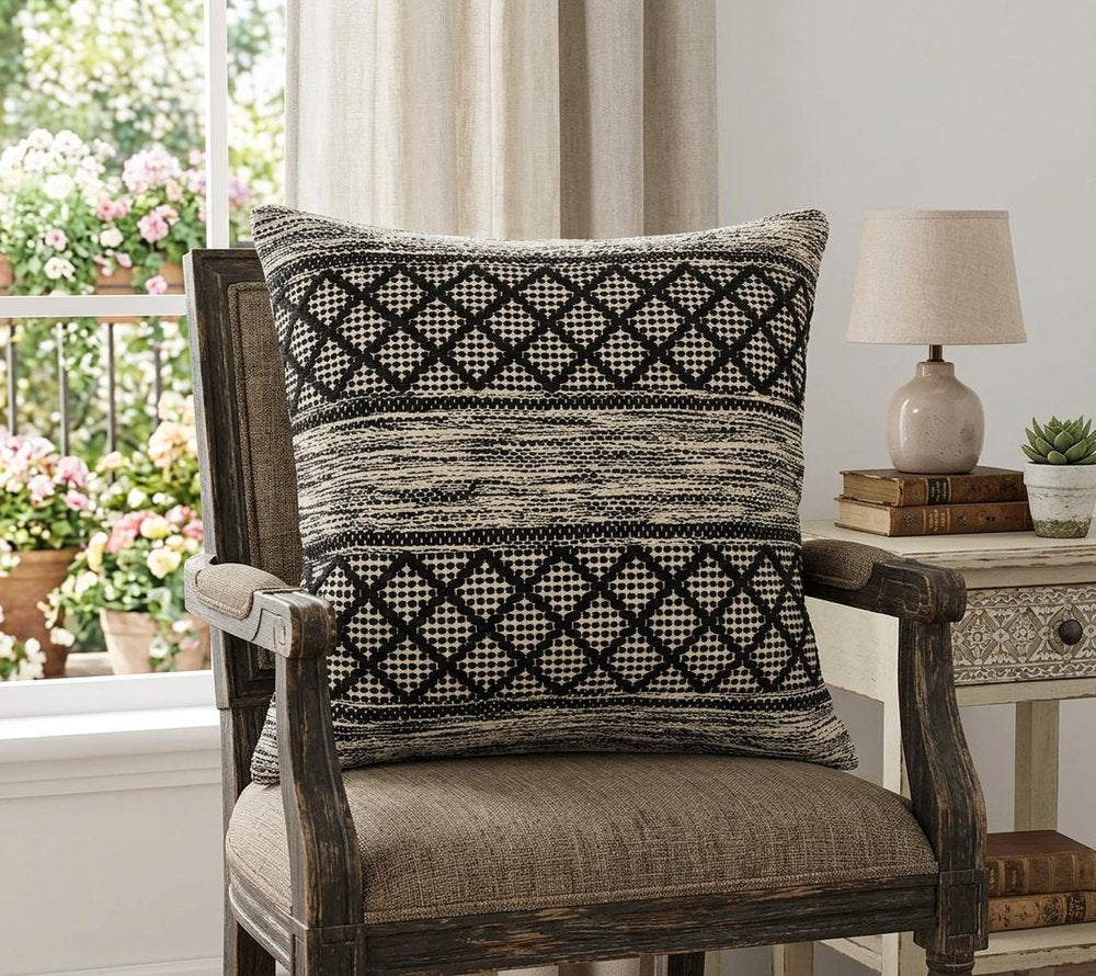 20" Gray And Black Geometric Cotton Throw Pillow