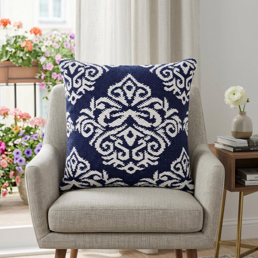 20" Blue And White Damask Cotton Throw Pillow