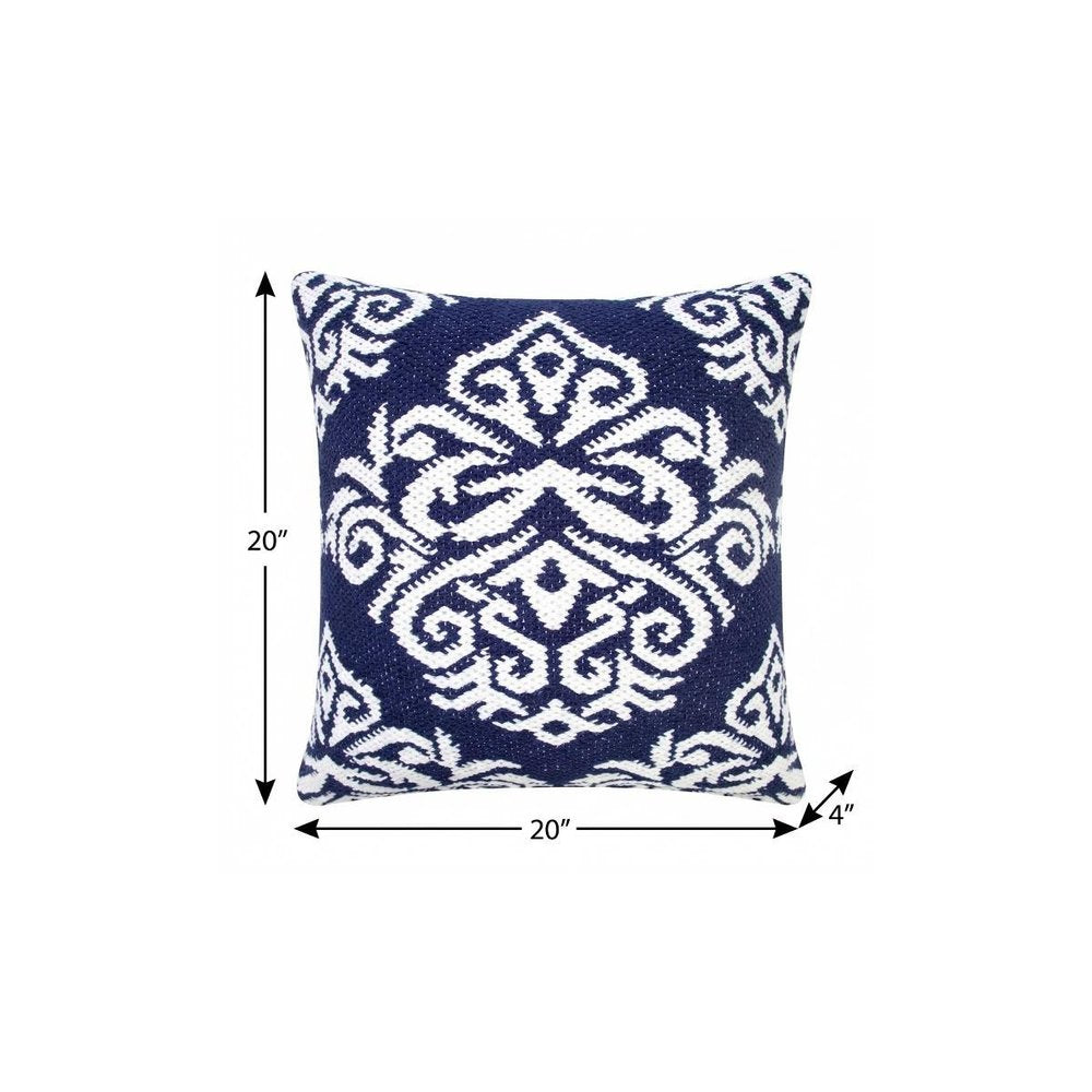 20" Blue And White Damask Cotton Throw Pillow