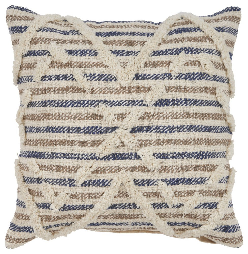 18" Blue And Beige Cotton Striped Throw Pillow
