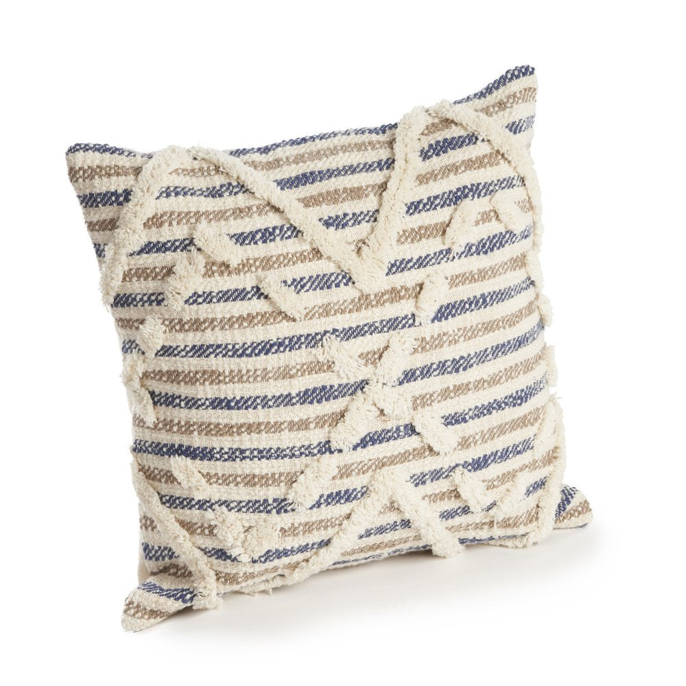 18" Blue And Beige Cotton Striped Throw Pillow