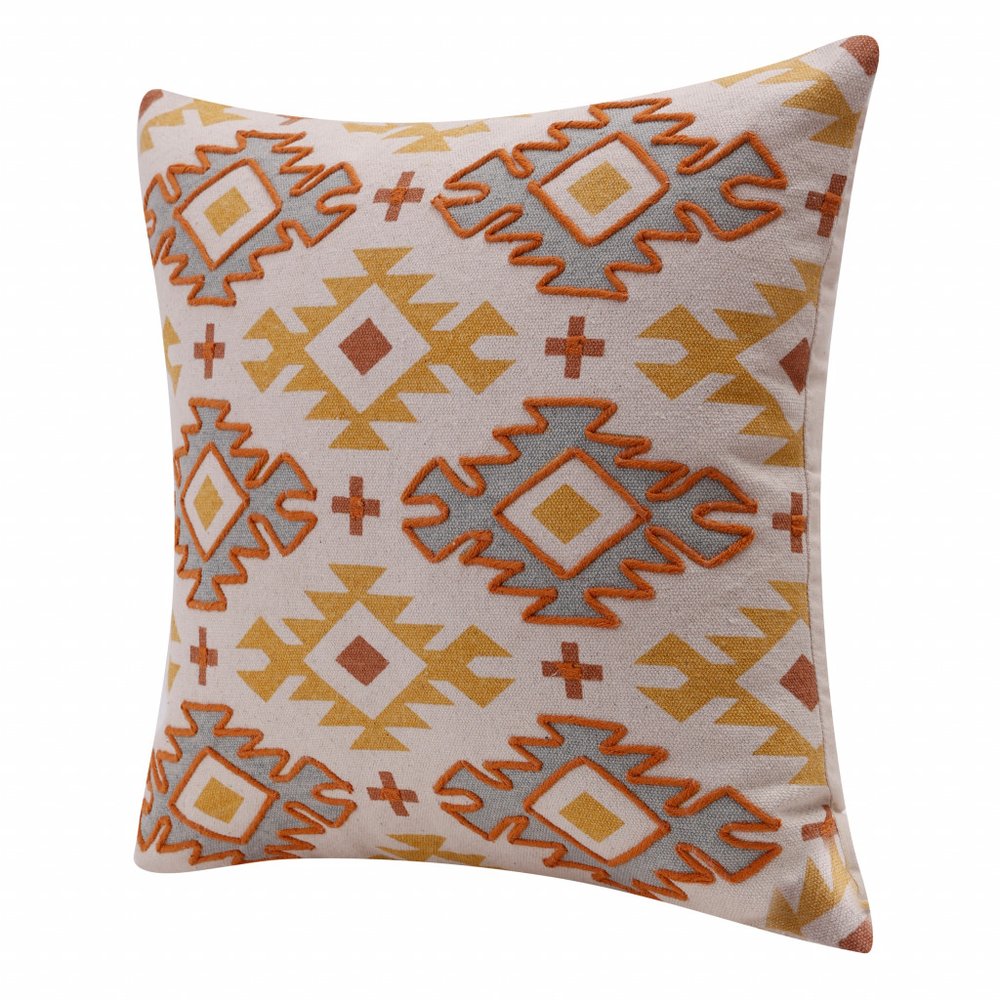 20" Yellow And Rust Cotton Geometric Throw Pillow