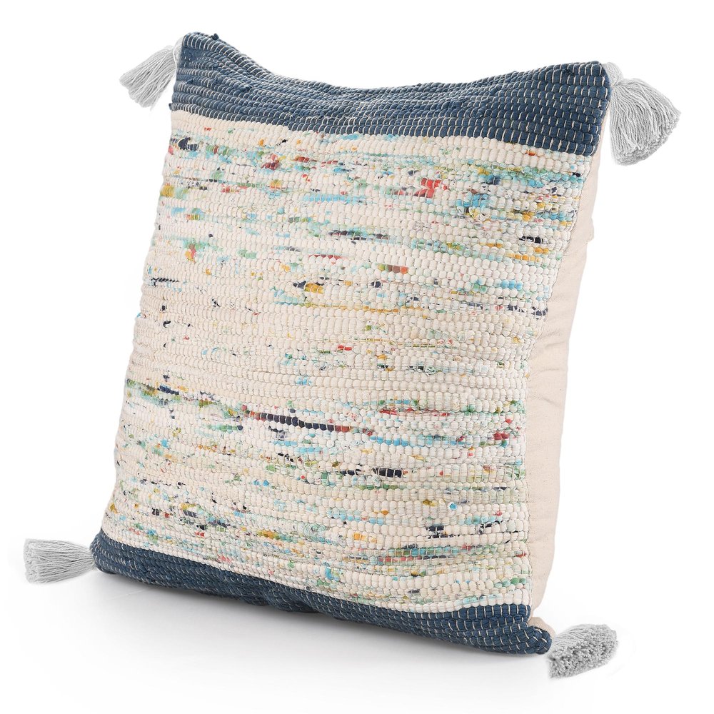 20" Blue And Off White Cotton Abstract Throw Pillow