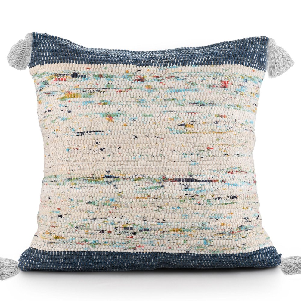 20" Blue And Off White Cotton Abstract Throw Pillow