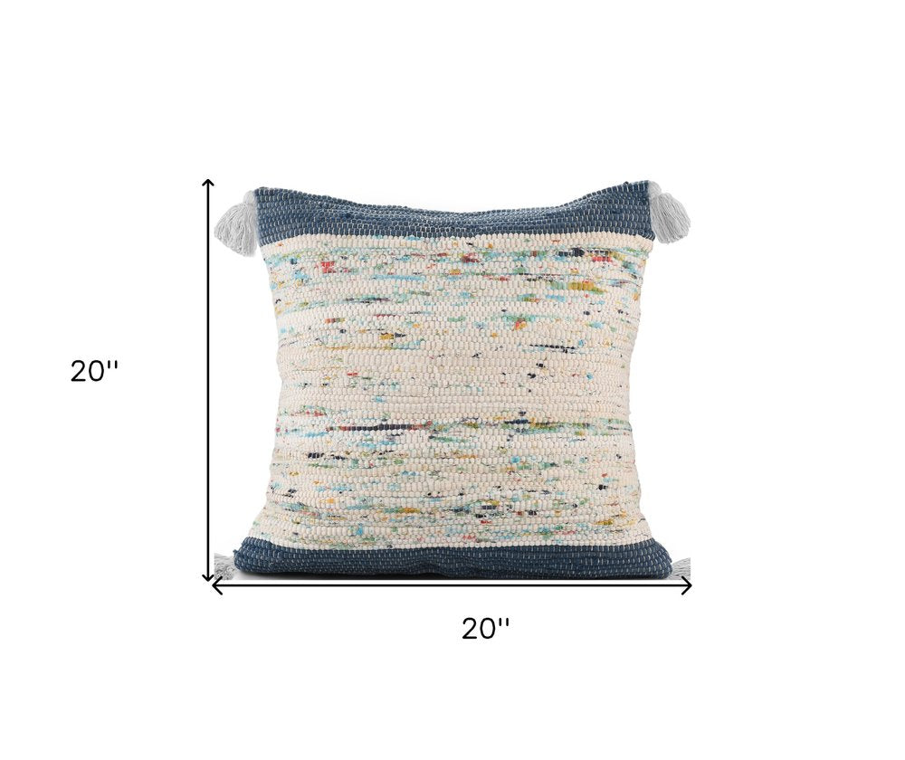 20" Blue And Off White Cotton Abstract Throw Pillow