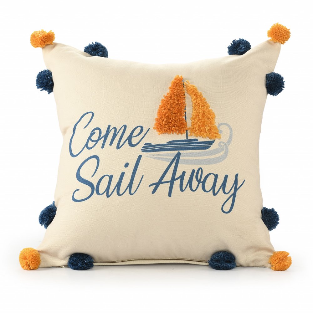 20" Natural Blue And Orange Come Sail Away Throw Pillow With Pompoms And Texture