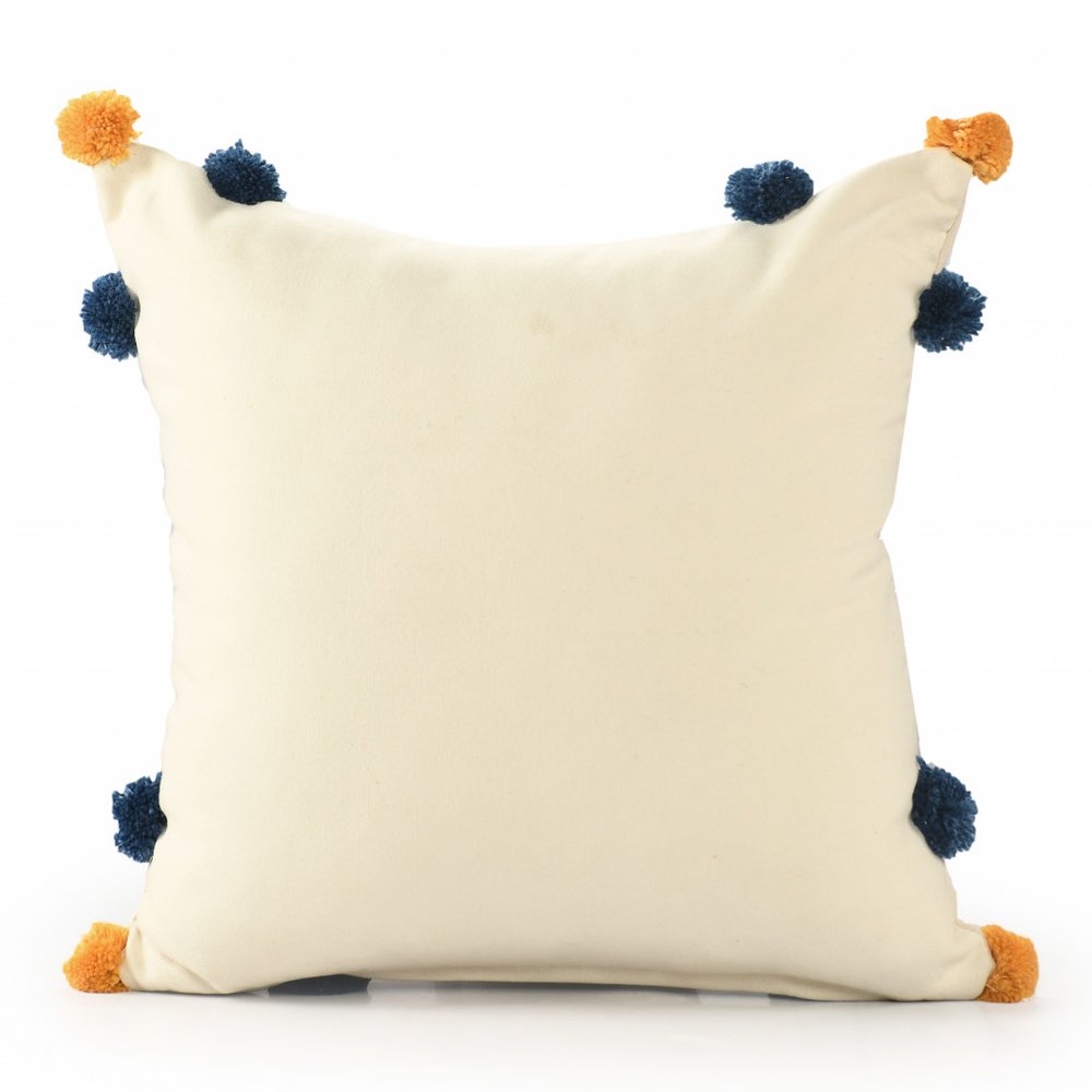 20" Natural Blue And Orange Come Sail Away Throw Pillow With Pompoms And Texture