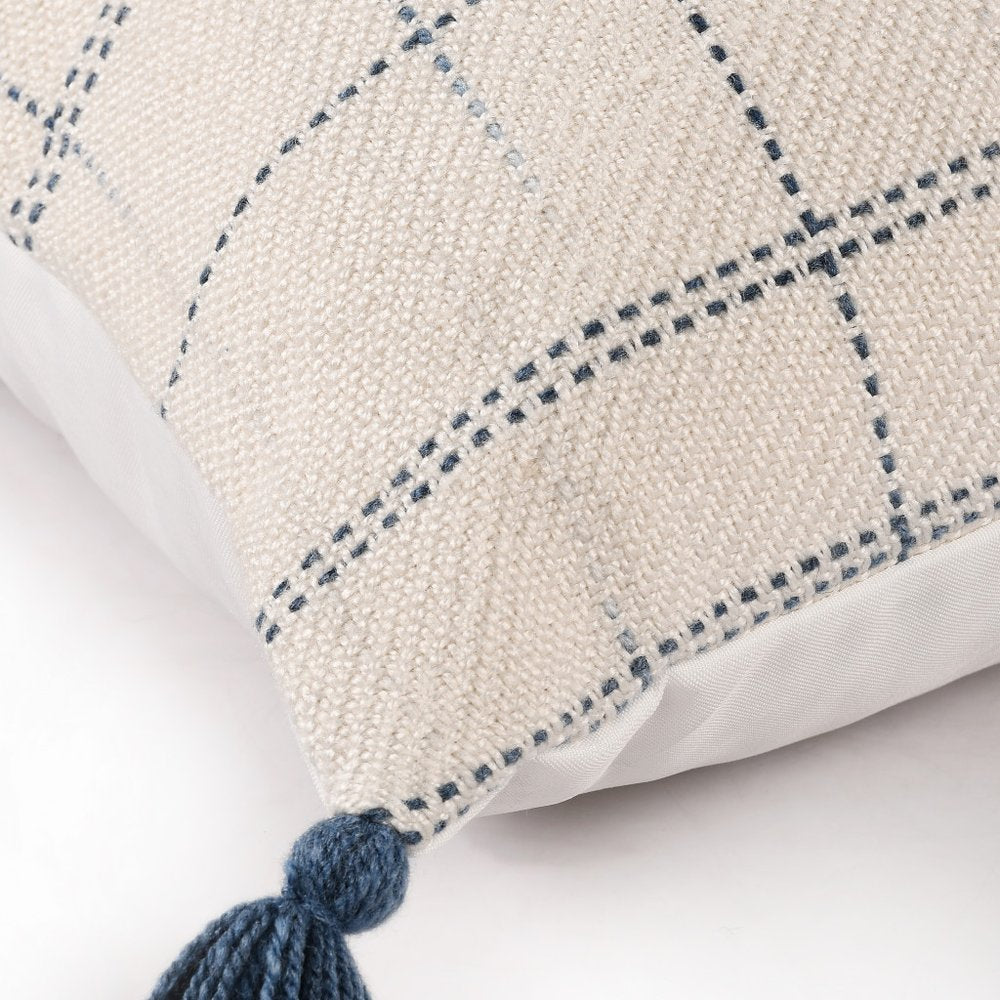 20" Ivory and Blue Throw Pillow
