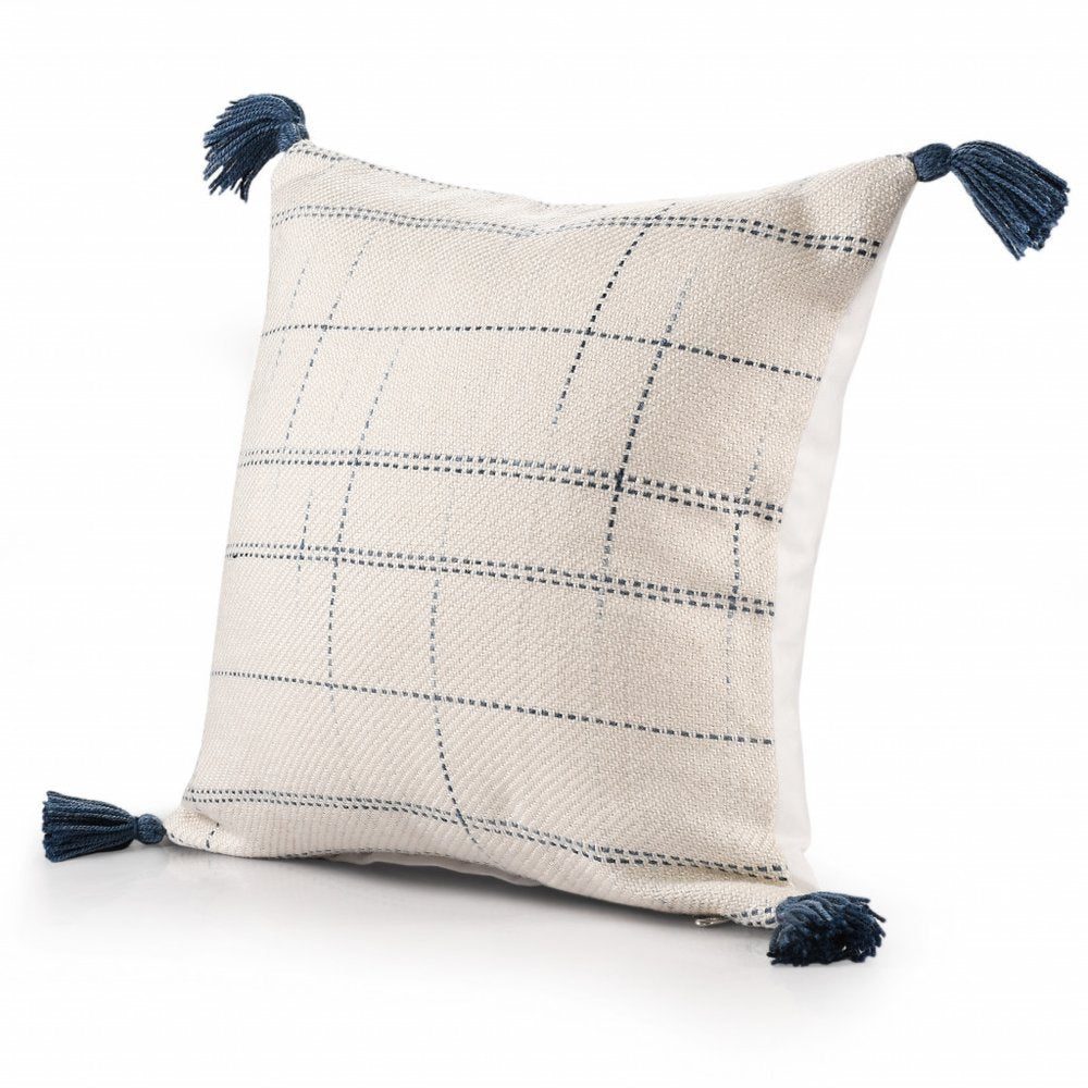 20" Ivory and Blue Throw Pillow